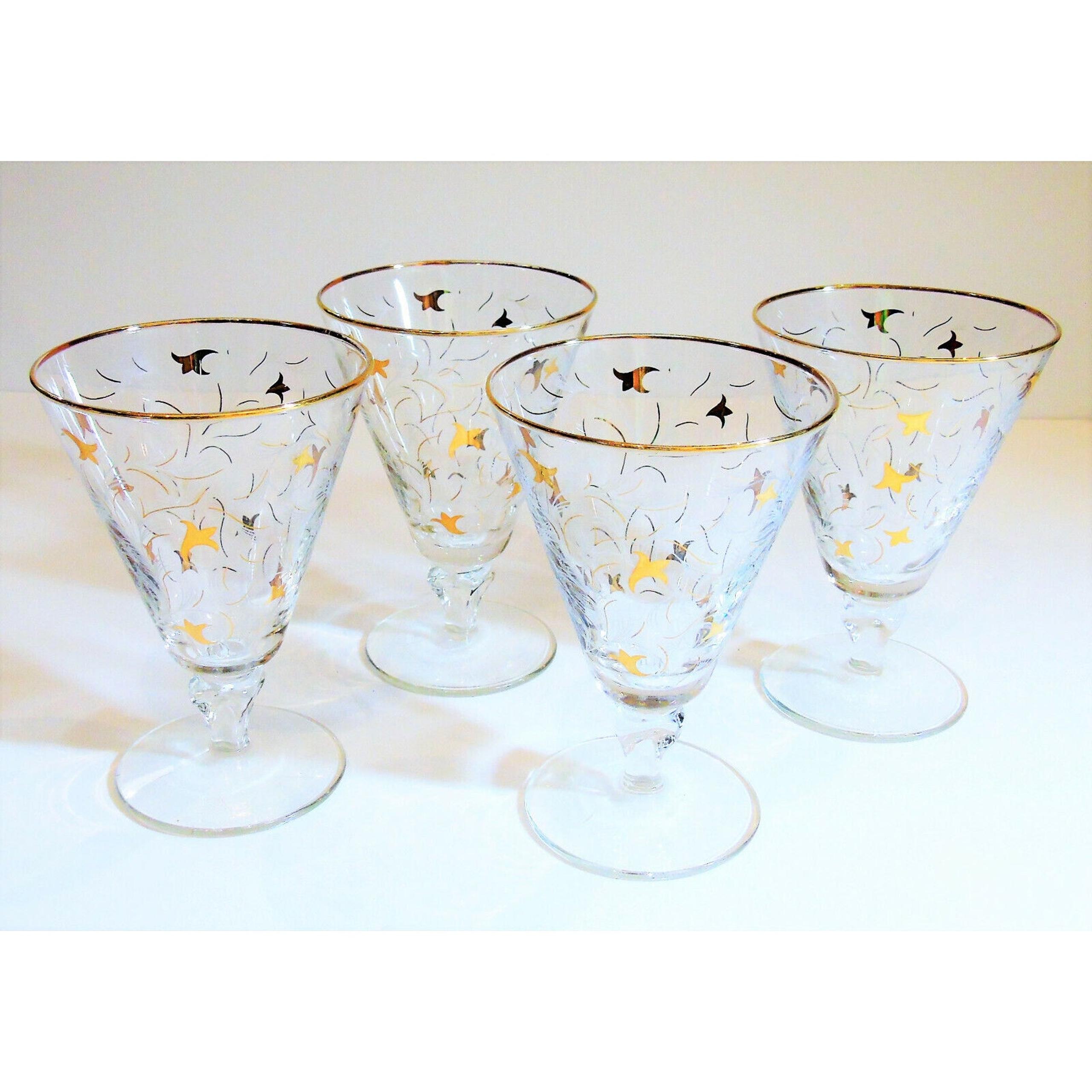 VTG Mid-Century Libbey Royal Fern Set (4) WINE / WATER GLASS Stem 3004 Gold Leaf