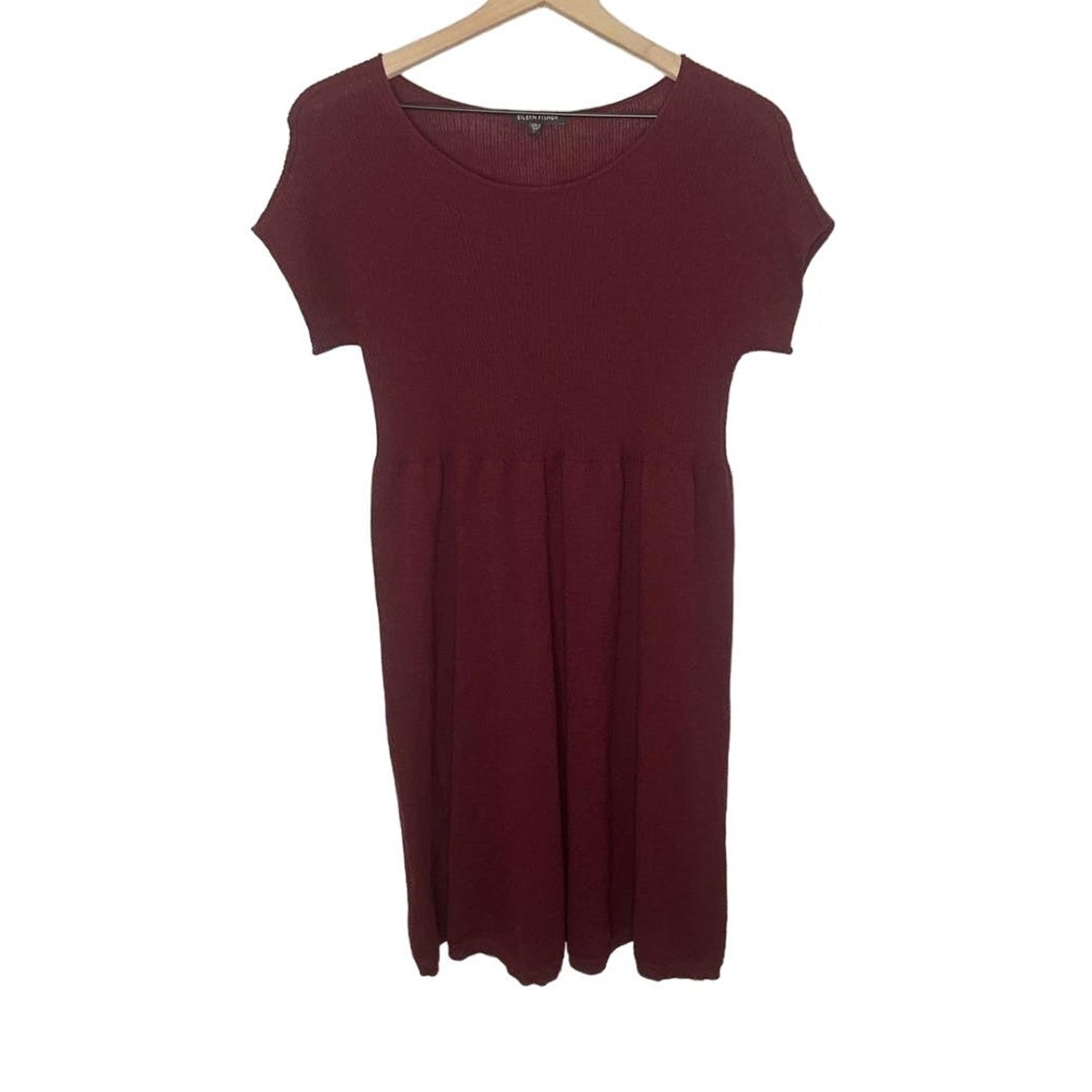 EILEEN FISHER Women's Large Short Sleeve Ribbed Knit Sweater Dress Mini Wool Red