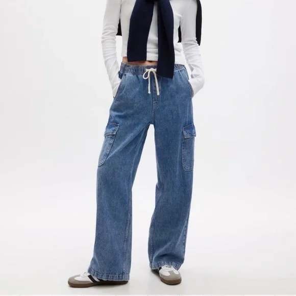 GAP Denim High Rise Pull On Wide Leg Jeans W/ Flap Pockets- M Excellent