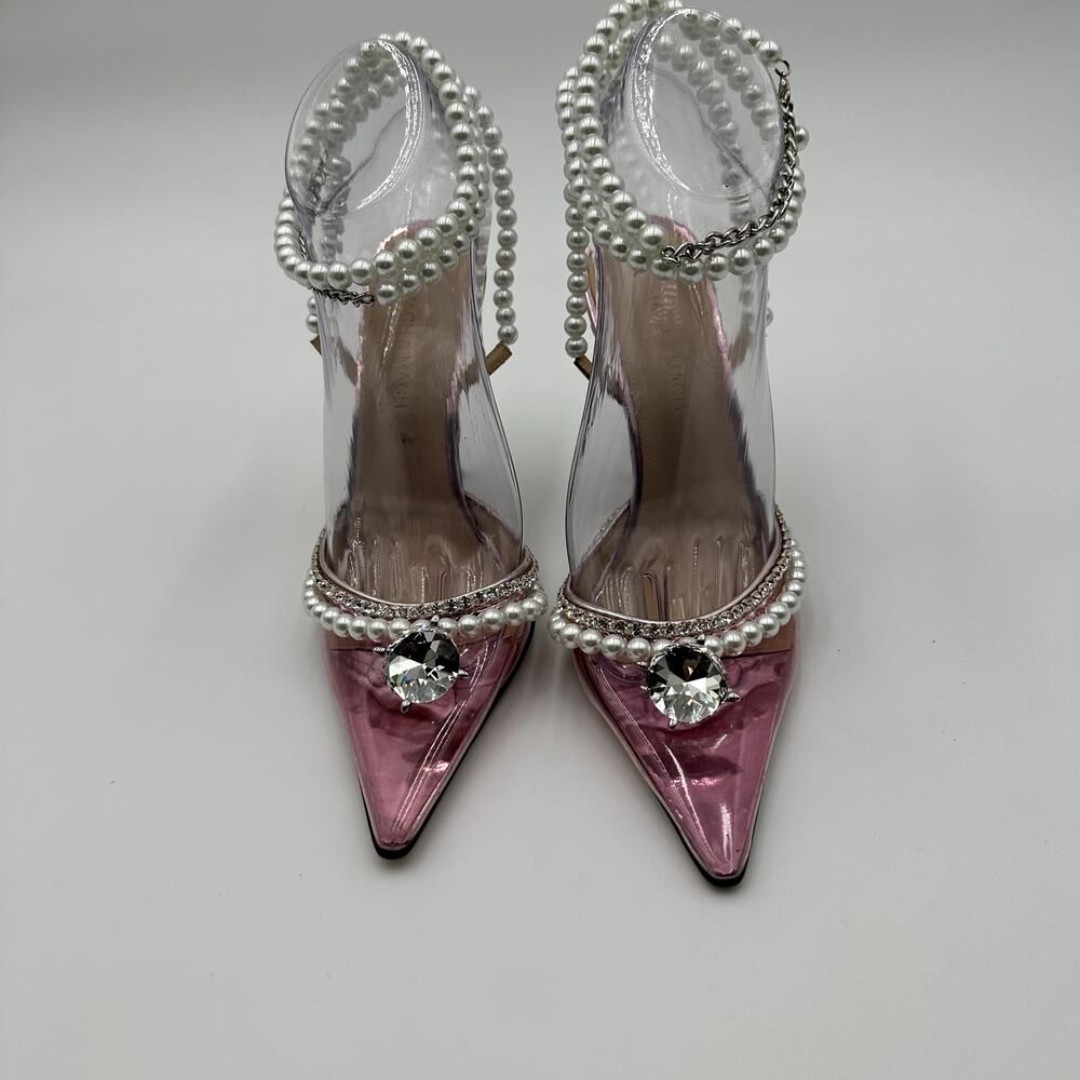 Mach & Mach Embellished PVC Ankle Straps Pink Pumps/Crystals/Faux Pearls Sz 37.5