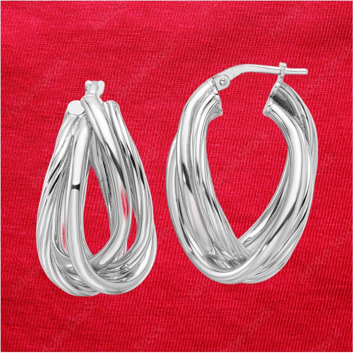 Sterling Silver RH-plated Polished and Twisted Fancy Oval Hoop Earrings
