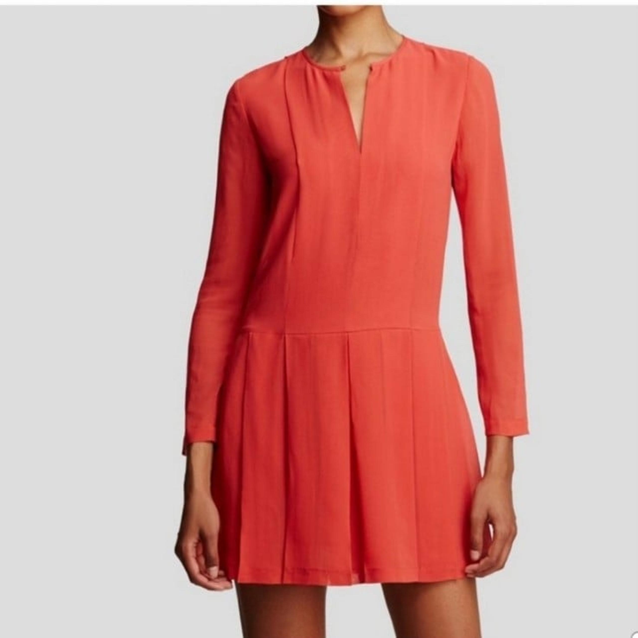 Tory Burch Red Pleated Silk Long-Sleeve Dress.