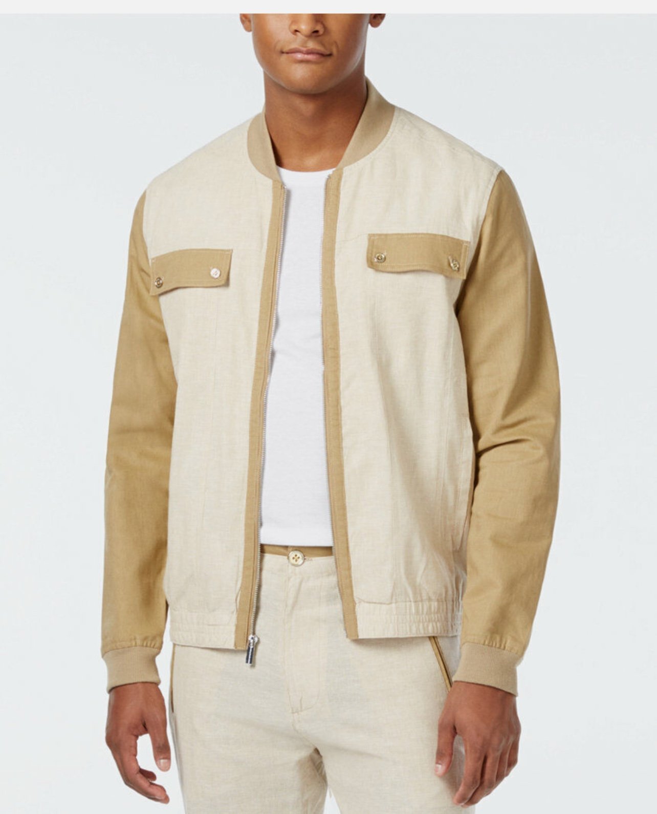 Sean John Men's Khaki Stripe Lightweight Colorblocked Bomber Jacket Size XL