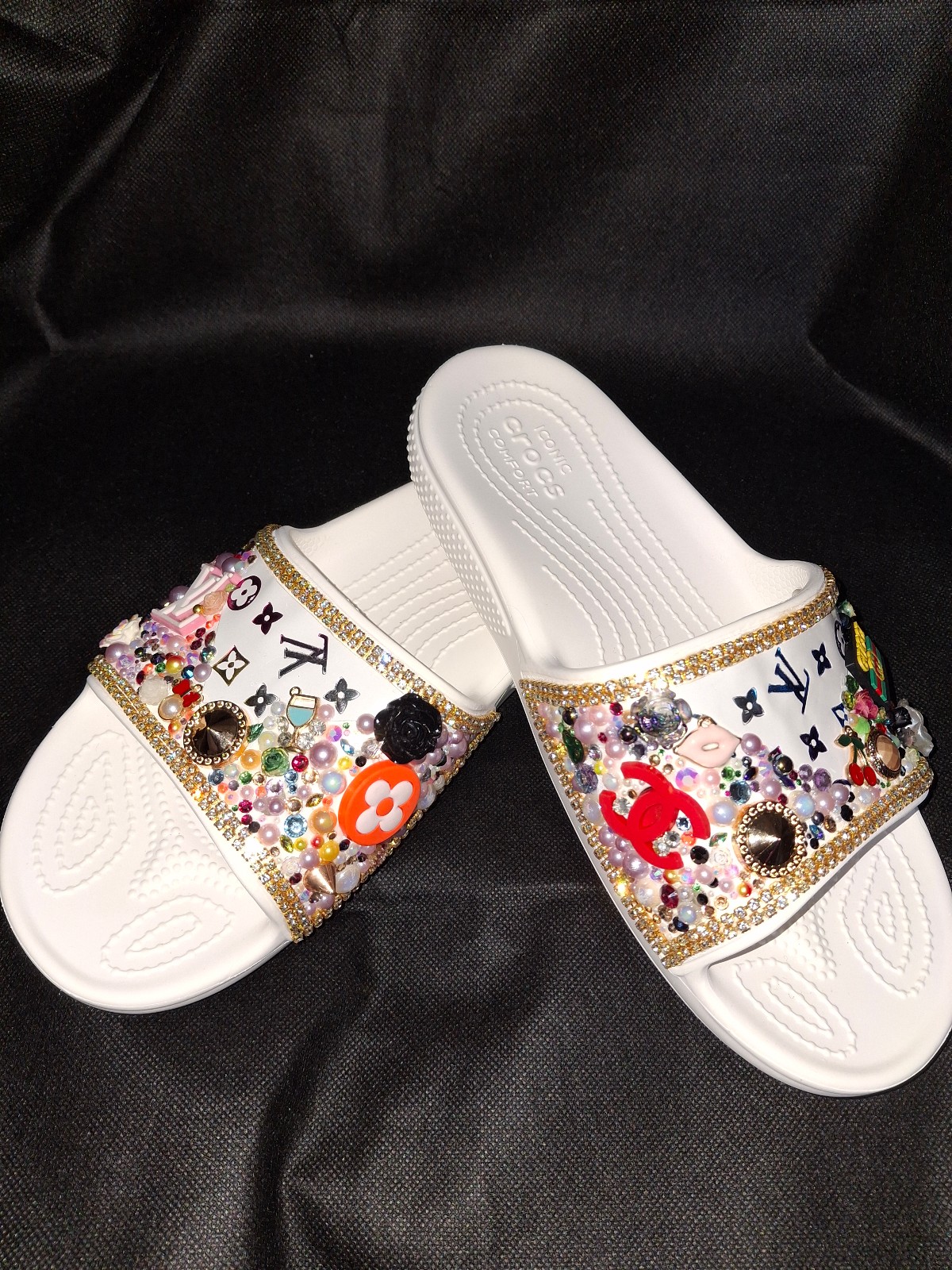 Womens Size 8 White Slide Crocs. Embellished Croc Slides. Custom made.