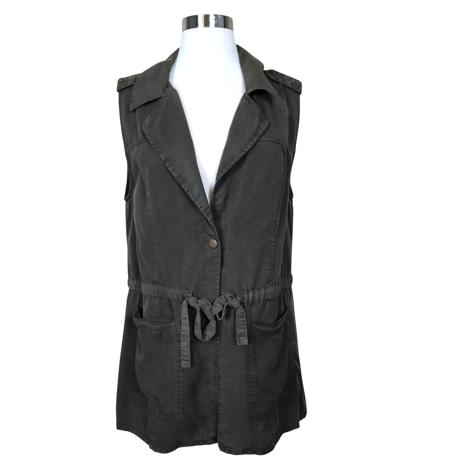 Sanctuary Womens Vest Size Medium Olive Green Soft Tencel Open Front Tie Waist