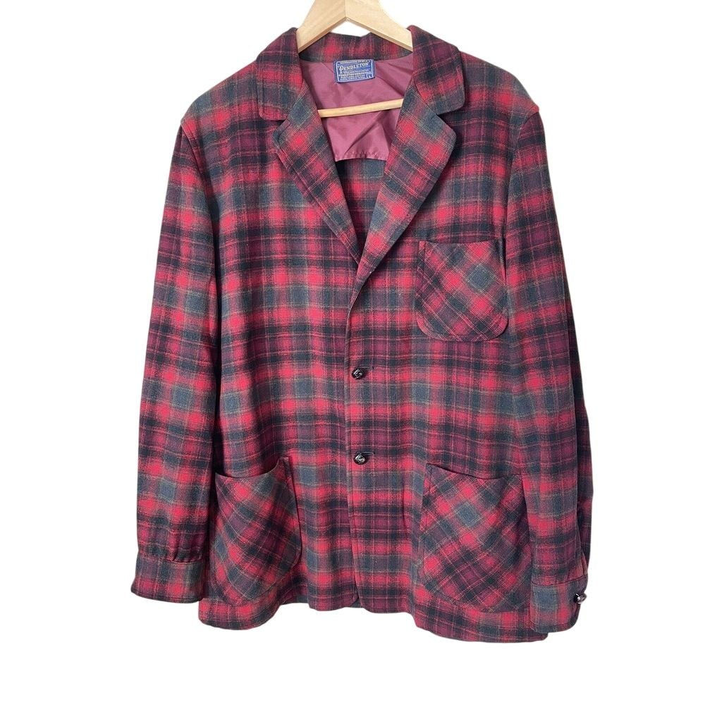 Pendleton VIRGIN WOOL Red Shadow Plaid Vintage Jacket Blazer Men's Size LARGE