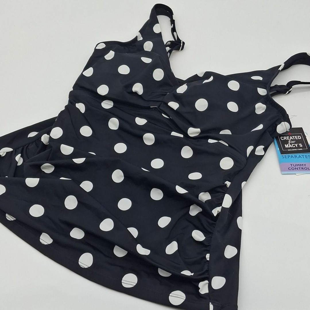 Swim Solutions Tankini Top Womens 10 V-Neck Polka Dot Black White 10