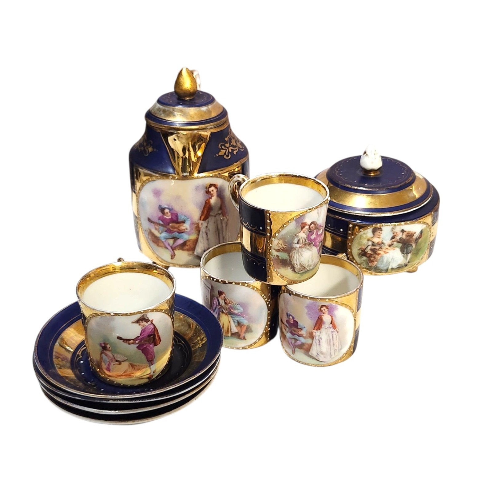 Antq Meissan Cobalt Blue Courting Couple Demitasse Cup Saucer Pitcher Sugar Gold