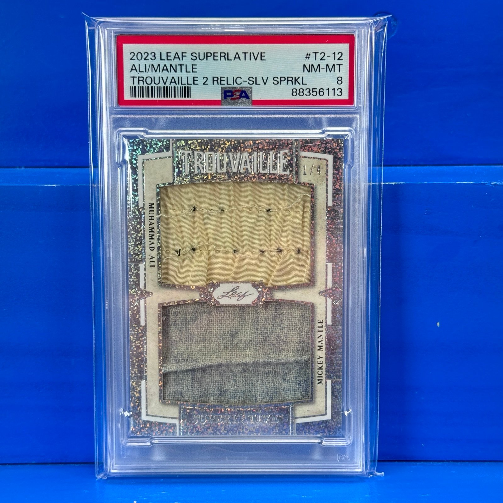 MUHAMMAD ALI & MICKEY MANTLE 2023 Leaf Trouvaille GAME USED Relic Card /4 PSA 8