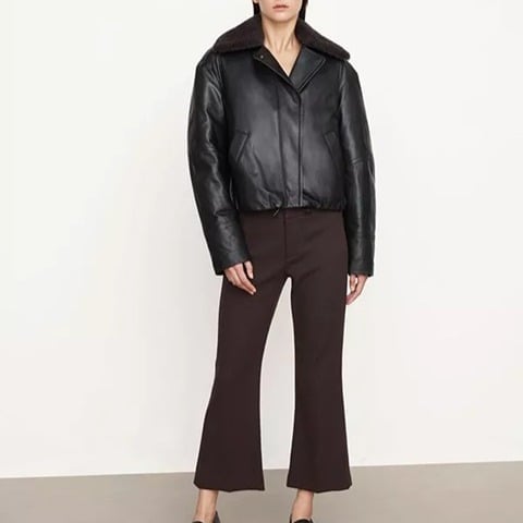 VINCE Removeable Shearling Collar Leather Puffer Jacket