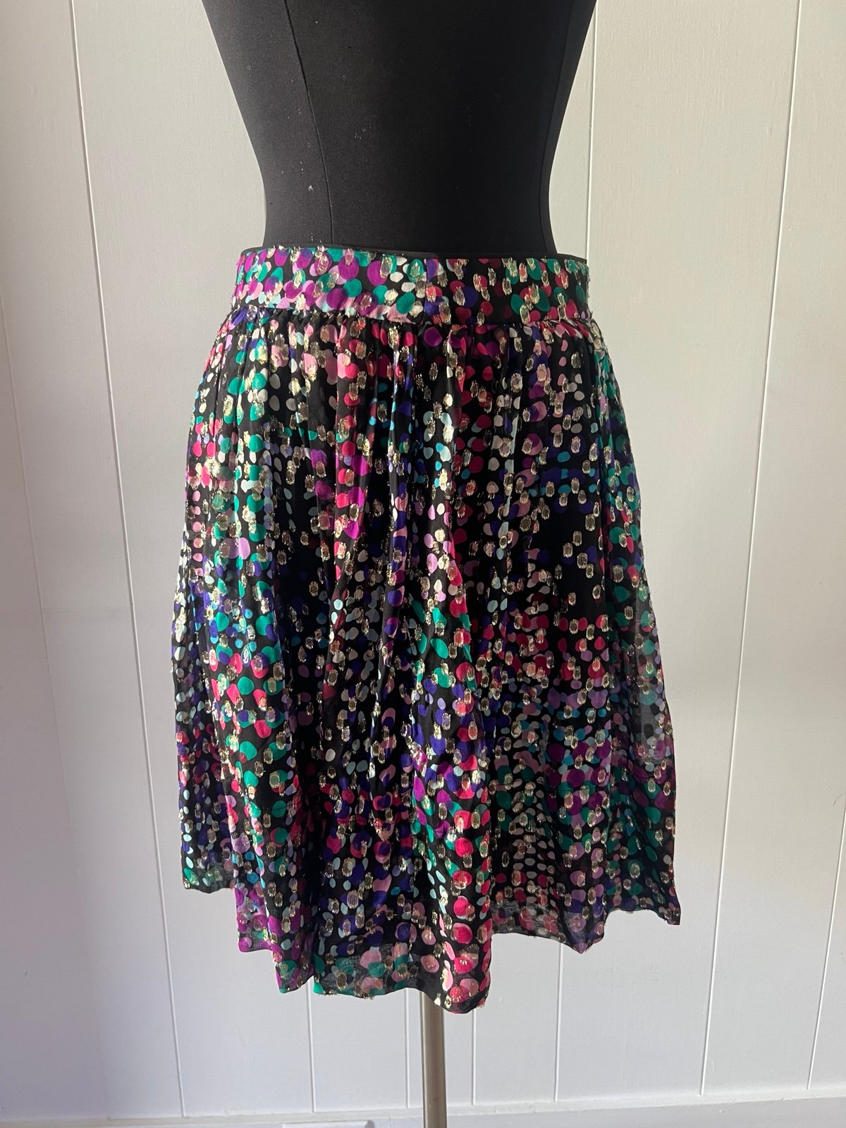Kate Spade Black, Gold & Multi Color Skirt in Chiffon, Size Small