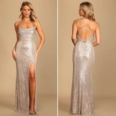 LULUS Evenings of Elegance Silver Sequin Lace-Up Thigh Slit Dress Gown Large