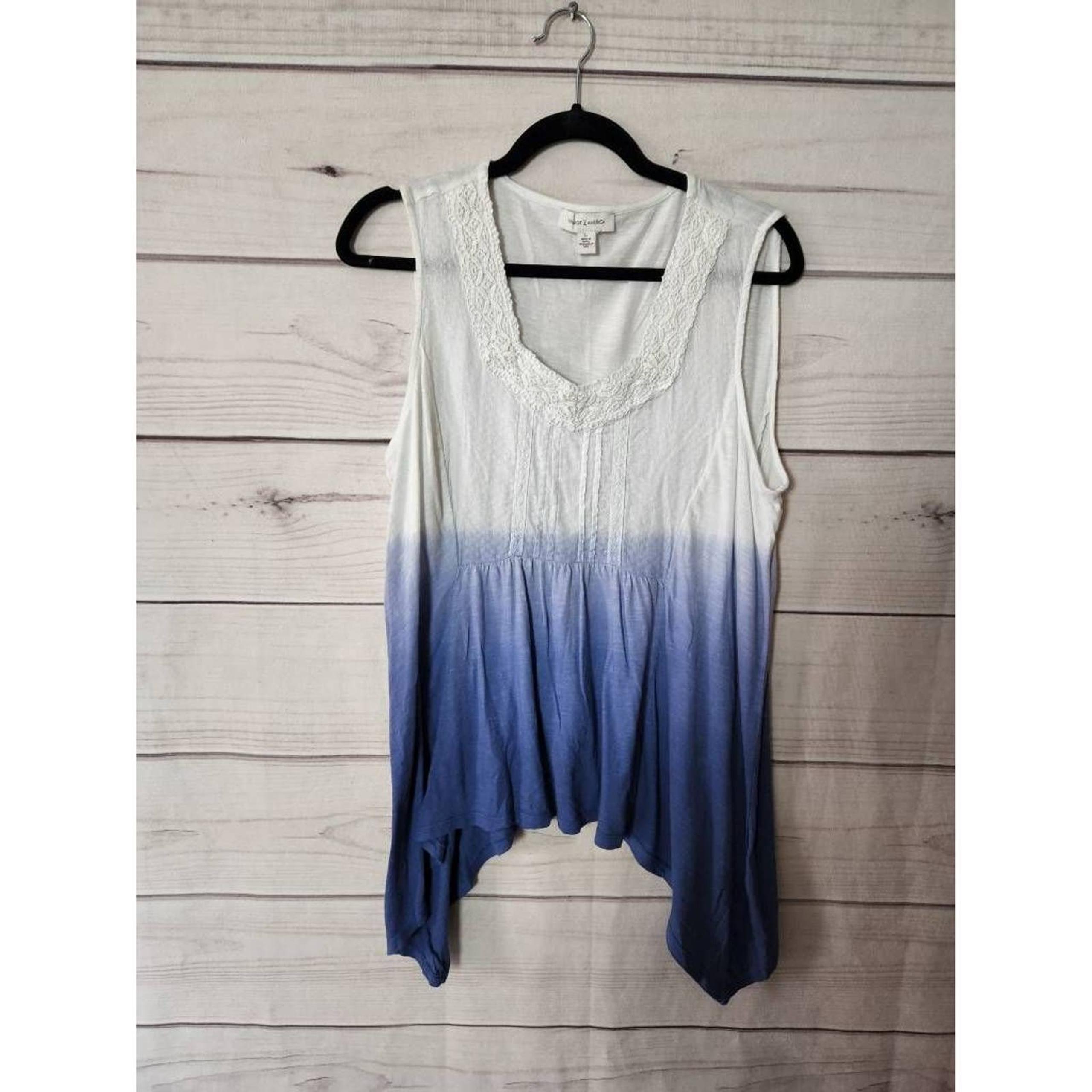 Vintage America Womens Tunic Top White Blue Ombre Sleeveless High Low Lace L