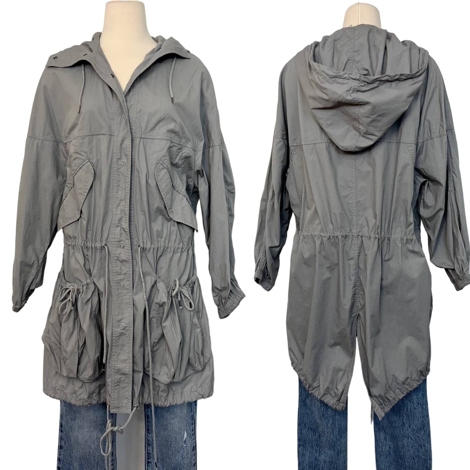 See by Chloe Light Gray Trench Coat Hooded Full Zip | Fits like XL