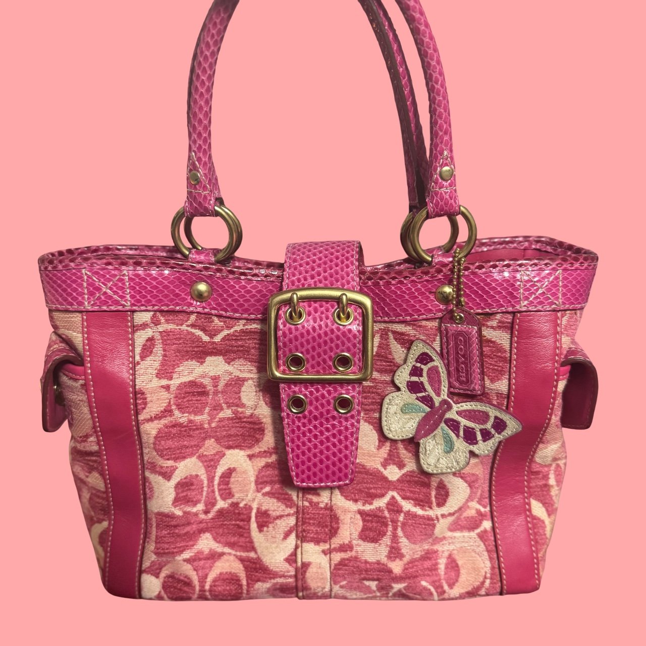Coach Vintage Limited Edition Pink Chenille Python Trim Butterfly Tote Bag