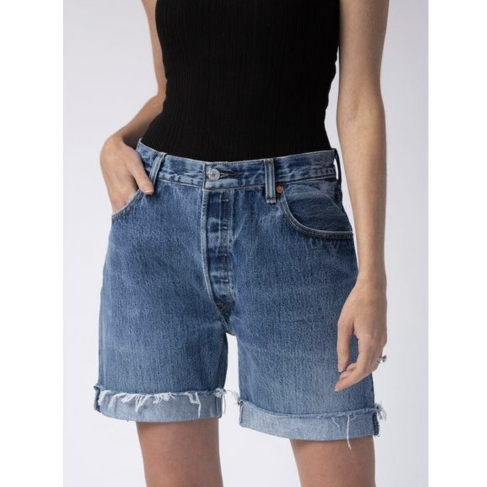 RE/DONE Levis 90s Relaxed Button Fly High Rise Raw Hem Cut-off Cuffed Shorts 25