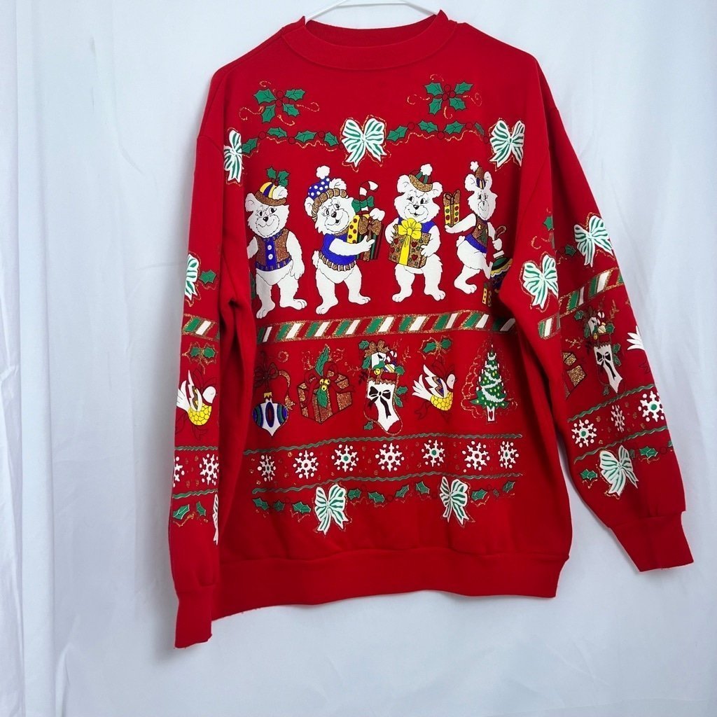 Vintage Unisex Holiday Time Ugly Christmas Sweater L Red