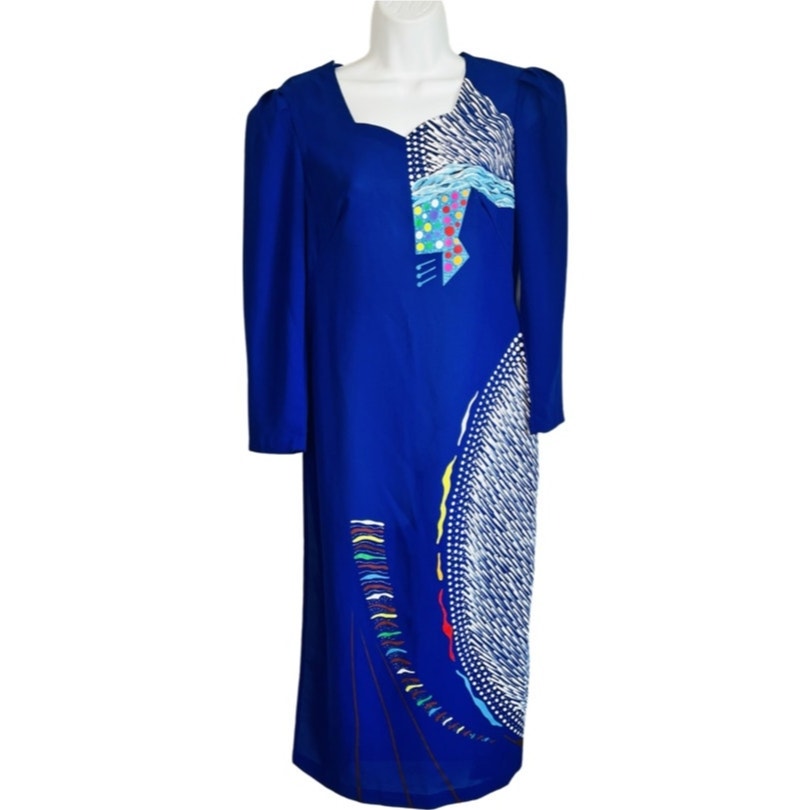 Vintage 80s Asian Cheongsam Blue Purple Hand Painted Dress Shoulder Pads size M