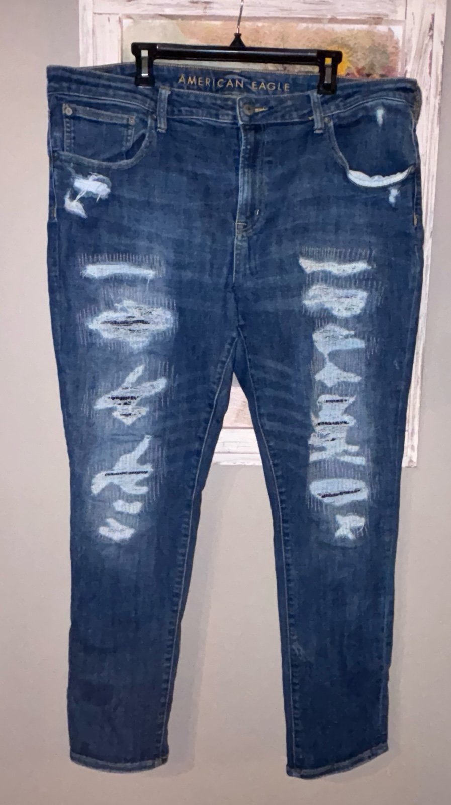 American Eagle Distressed Patched NE(X)T LEVEL FLEX Skinny Jeans 42 X 32 Trendy!