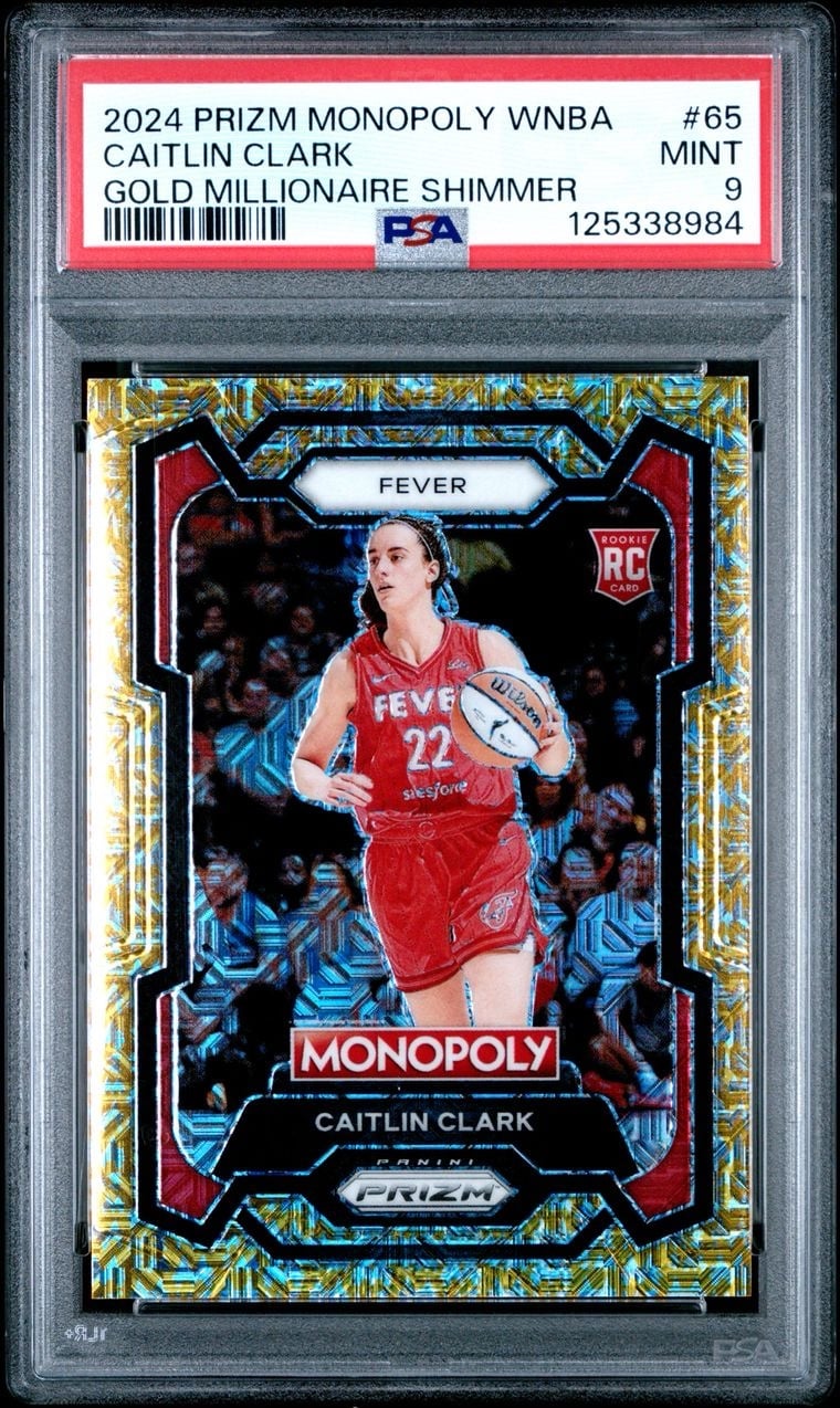 CAITLIN CLARK RC #/500 PSA 9 2024 Panini Prizm Monopoly Gold Shimmer Rookie MINT