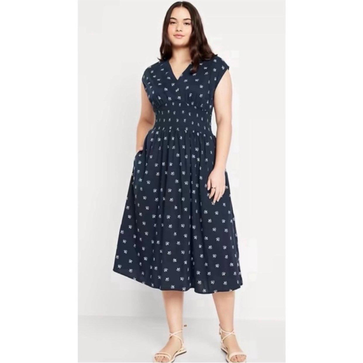 NWT Old Navy Blue Ditsy Floral Waist-Defined Smocked Midi Dress Size XL Petite