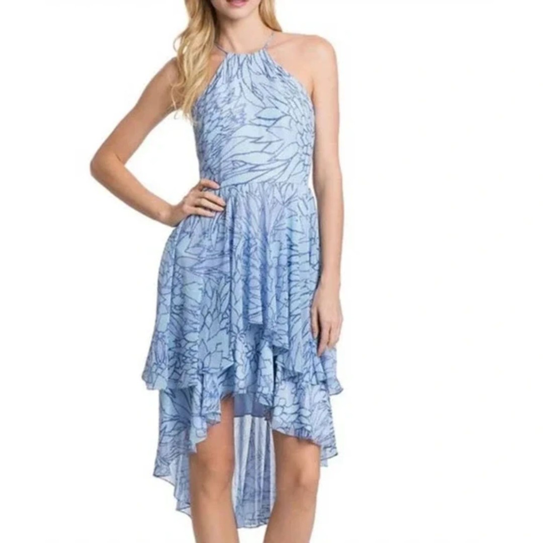 Belle Badgley Mischka Paloma Dress Size 12 Blue Floral Halter Hi Low Hem