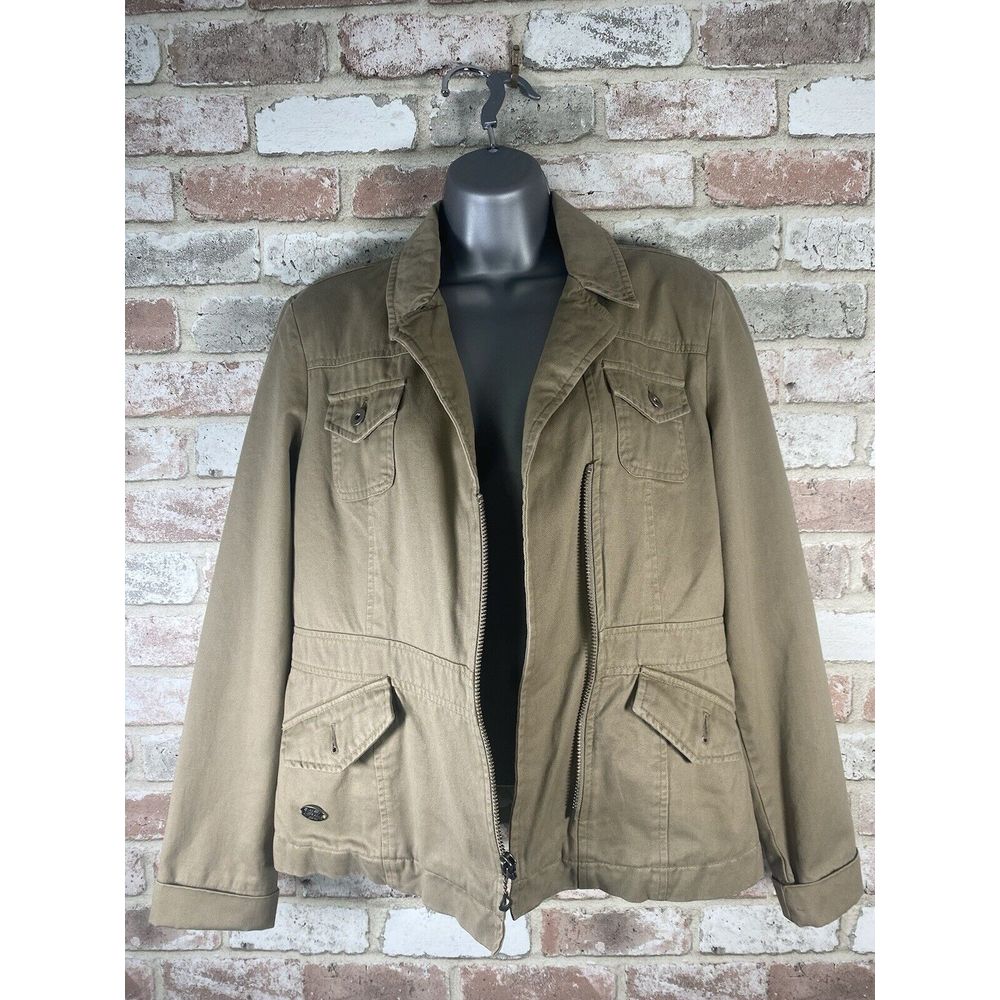 Harley-Davidson Women's Denim Jacket Cream/Beige Embroidered Logos Size M Y2K
