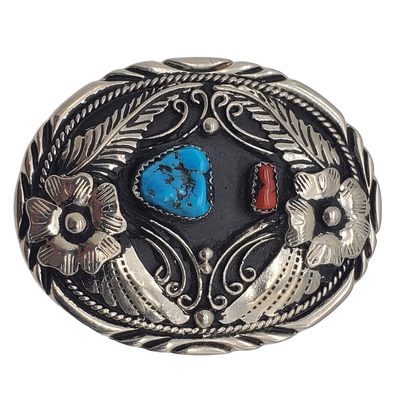 Turquoise Coral Floral Belt Buckle SSI Silver Plate Black Western Vintage USA