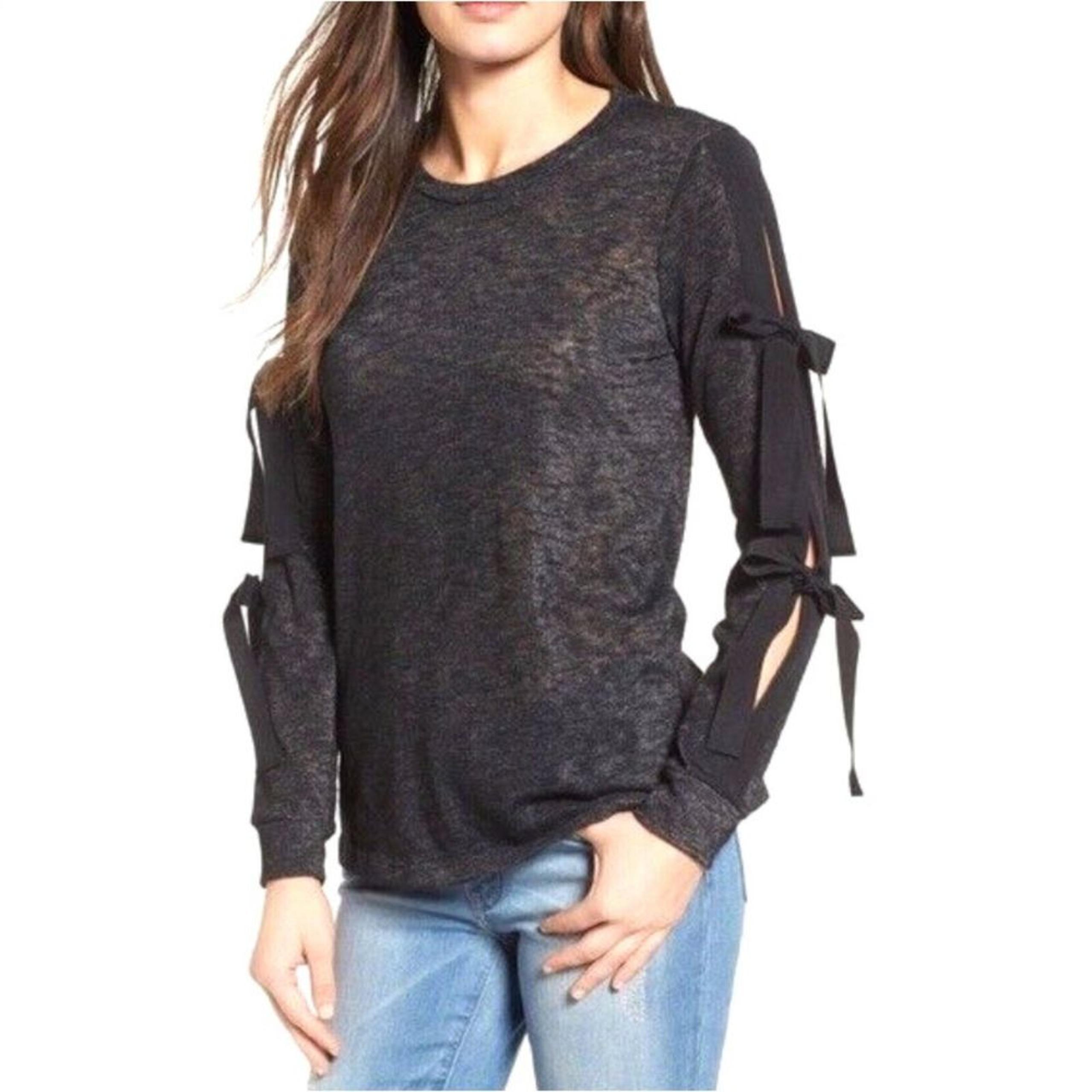 Pleione Size L Charcoal Knit Sweater Top Bow Tie Long Sleeves Crewneck Black