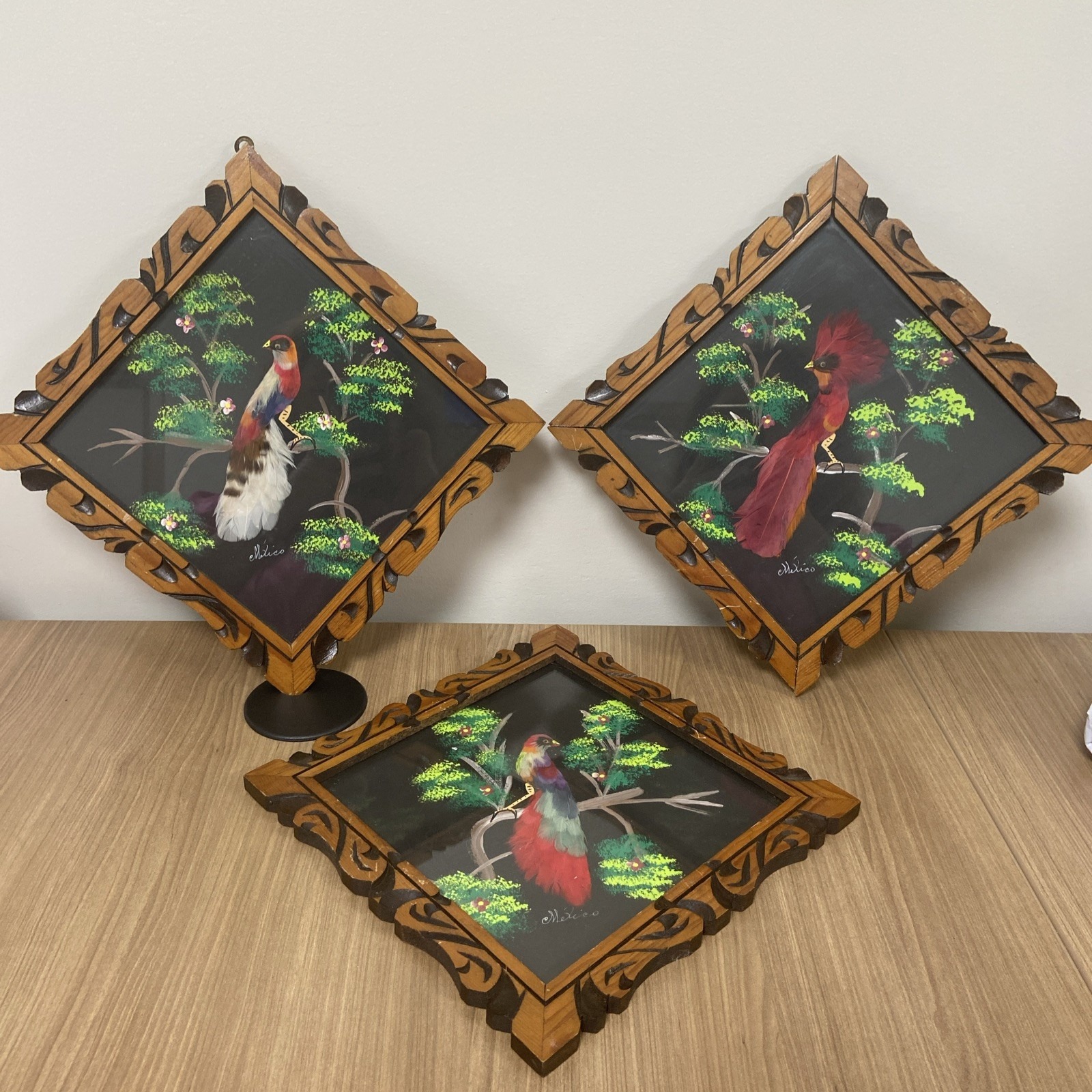 Lot Of 3 Vintage Mexican FeatherCraft Pictures Carved Wood Frames 1950s Mexico