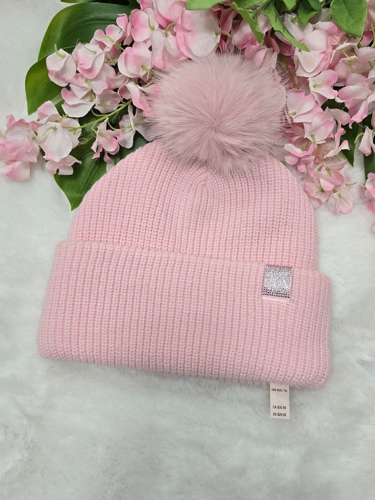 NEW Victoria's Secret Bling Patch Pom Beanie in Pink pretty blossom