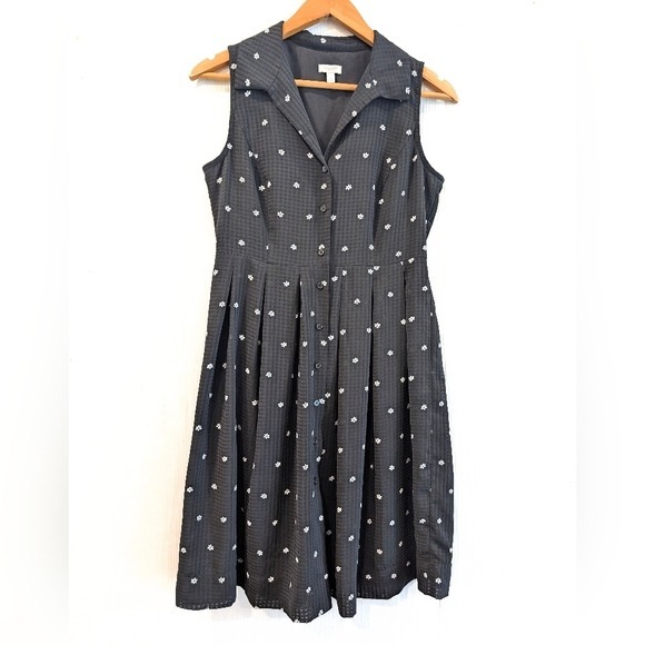 TALBOTS Women's Black Micro Floral Pleated Button Front Shirt Dress Size 6