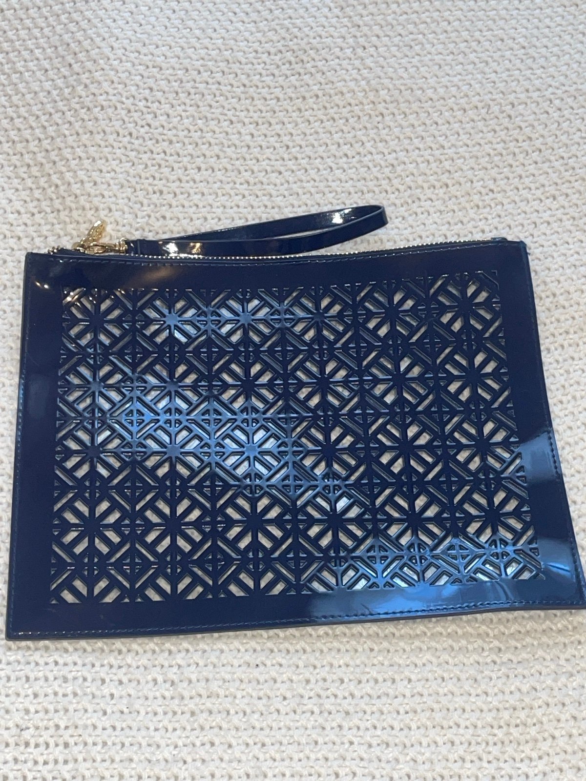 Tory Burch Wristlet Blue Lace perforated Faux Patent Leather Clutch