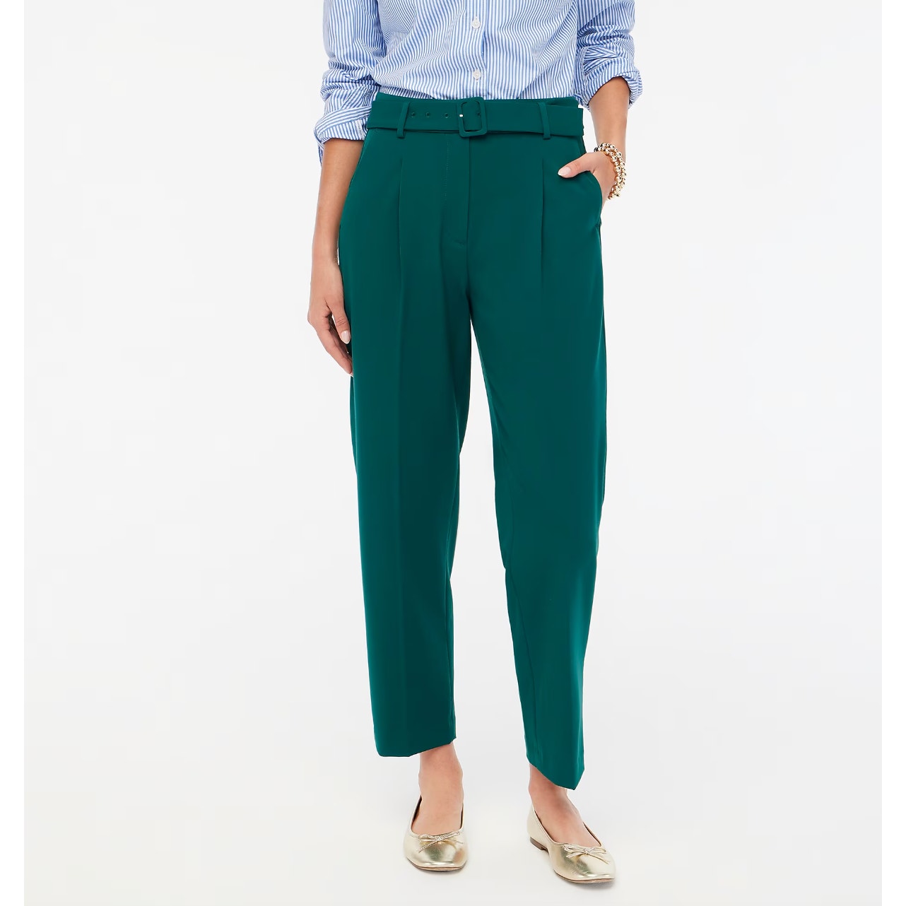 J. Crew Petite Belted Straight Leg Trouser Pant Emerald Green Pleated US 8 NWT