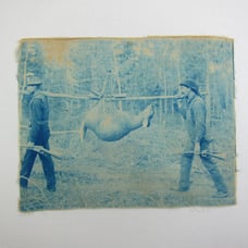 Cyanotype Photograph On Cloth Two Men Carry Deer Hunting Antique 1800s RARE