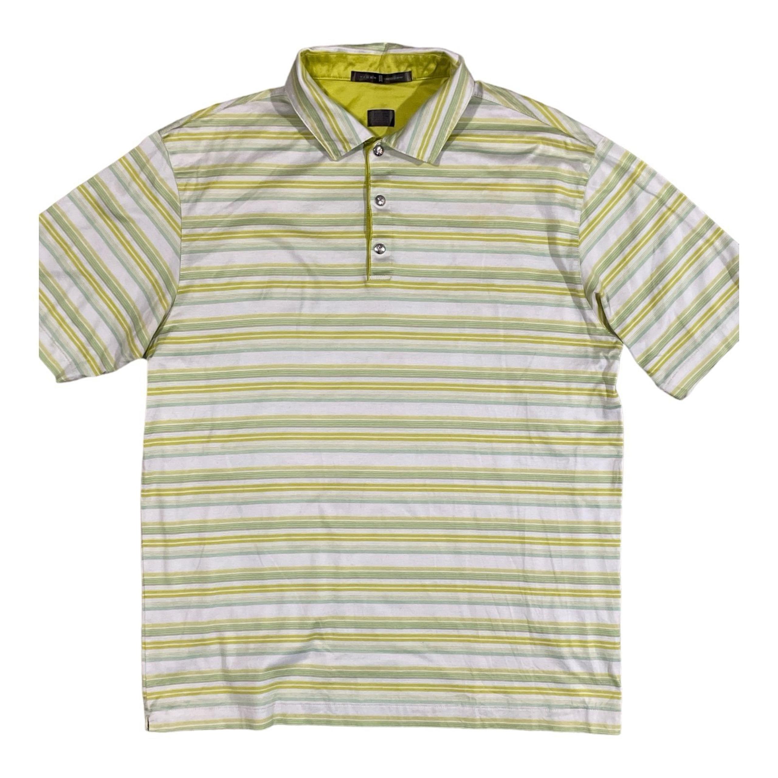 Tiger Woods Collection Polo Mens Medium  Yellow Green White  Snap Up Golf Shirt