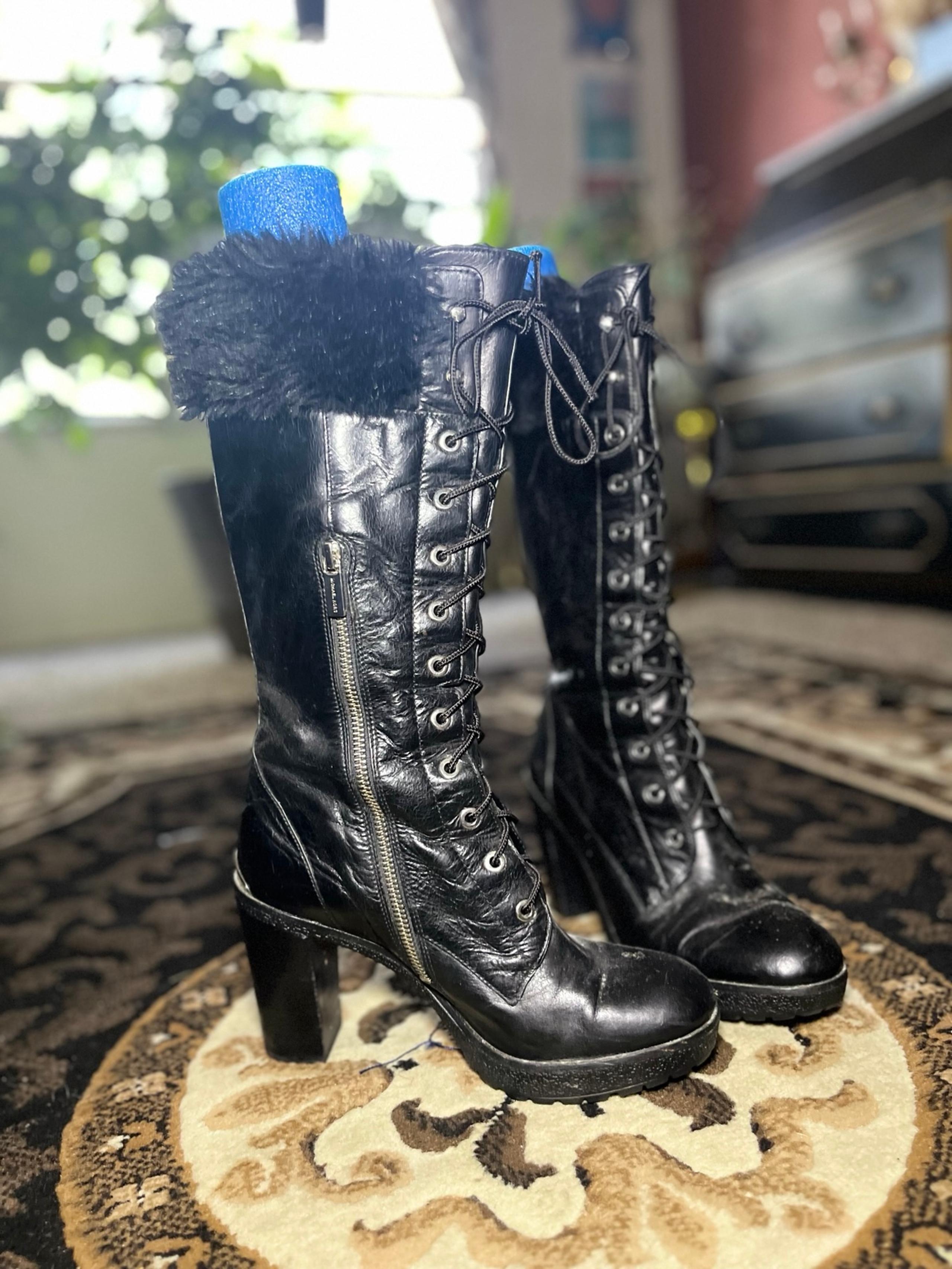 Michael Kors KIM Black Leather Knee High Lace Up Faux Fur Gothic Boots