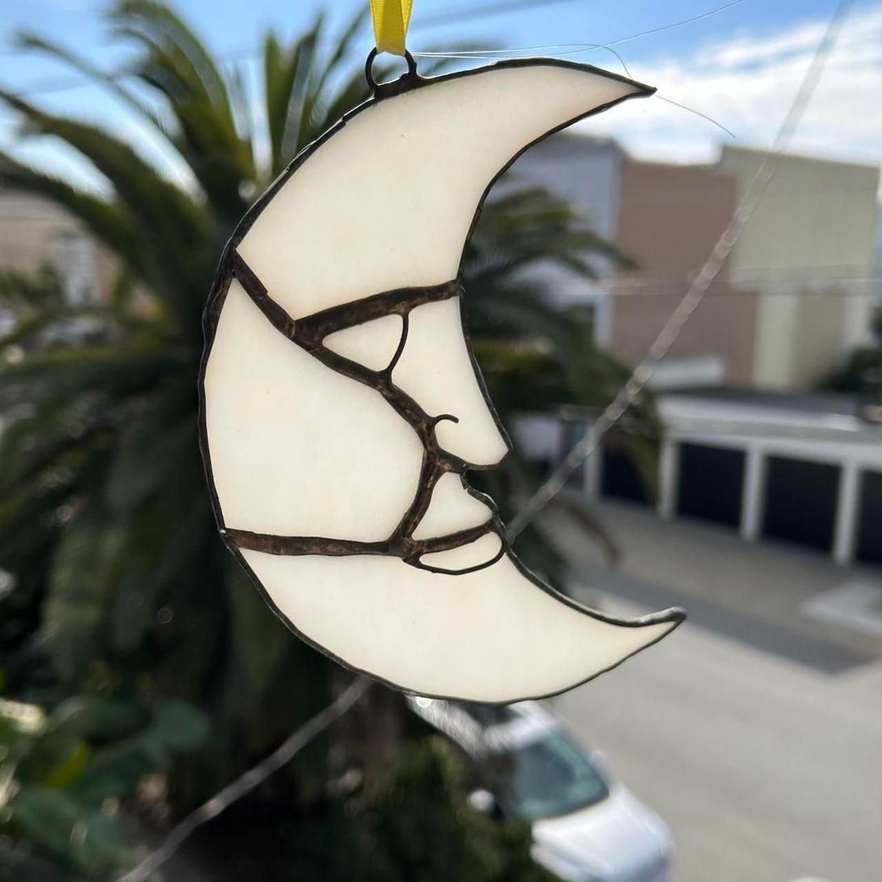 Vintage Crescent Moon Stained Glass Hanging Pendant - Handmade Local Art