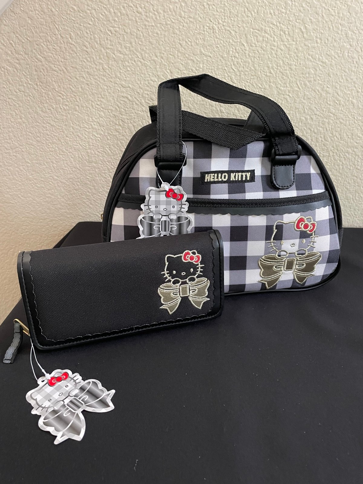 Original Sanrio/Hello Kitty black and white check canvas handbag and wallet