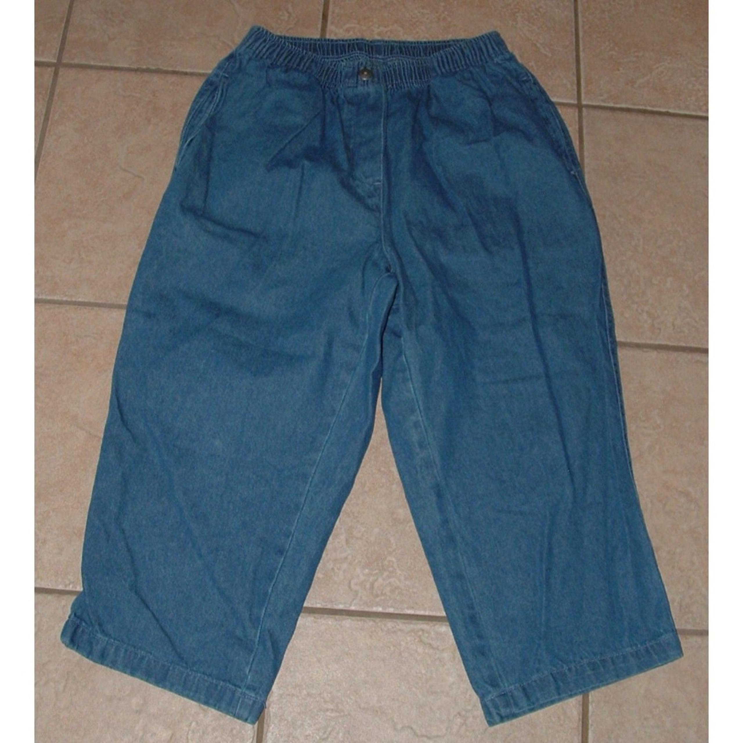 WOMAN WITHIN Blue Denim Plus Sz 14 Elastic Waist Capris Cropped Pants Pockets