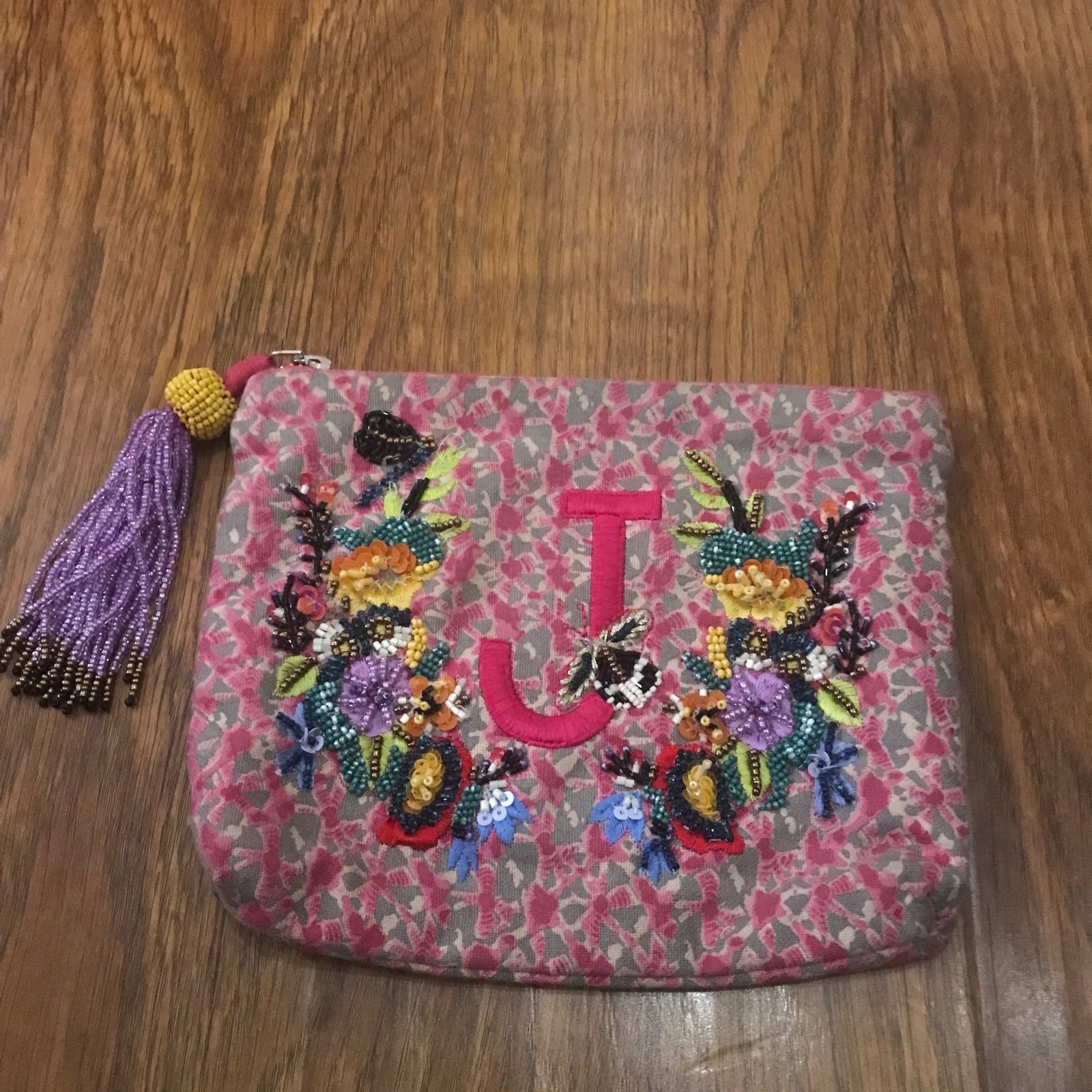 Anthropologie beaded monogram pouch