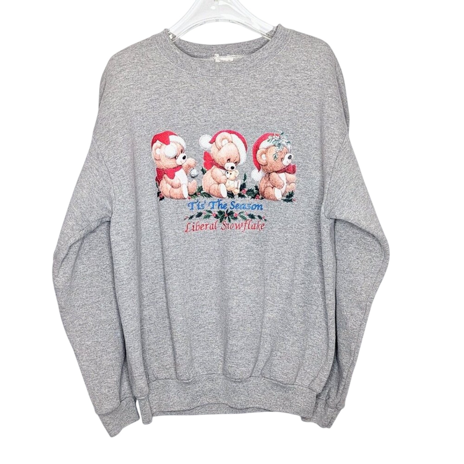 Upcycled Vintage Gray Liberal Snowflake Holiday Sweatshirt Teddy Bears Crewneck