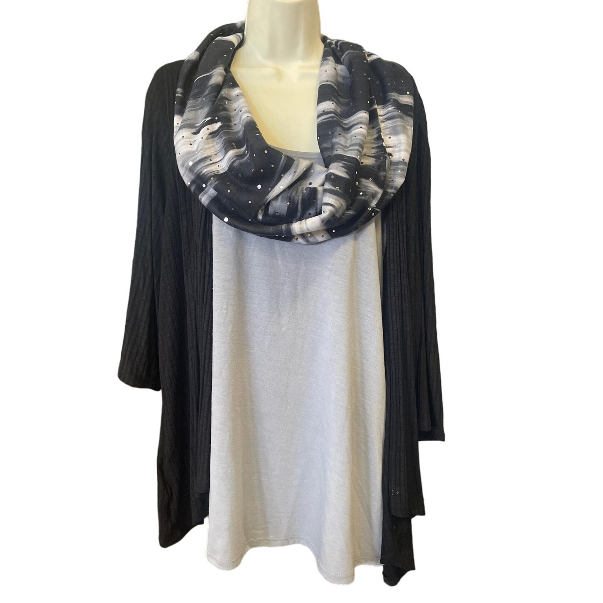 Rebecca Malone Women's 3-Piece Blouse Set – Plus Size 2XL, Black & Gray Scarf