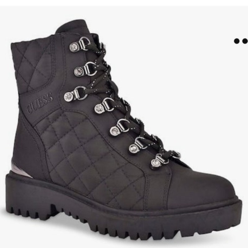 GUESS Ortela Combat Boots Size 7 Black Quilted Fabric Chunky Moto Ankle Lace Up