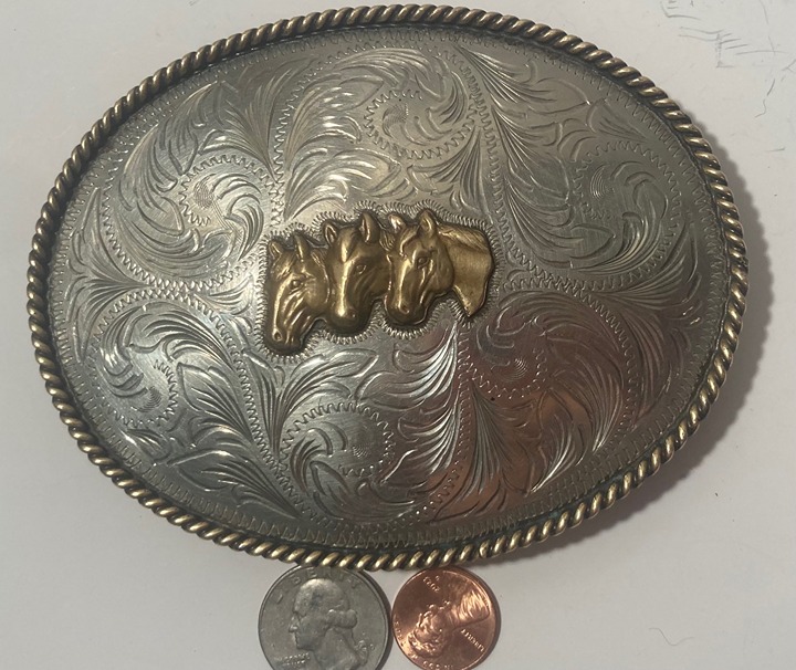 Vintage Metal Belt Buckle, Silver and Brass, Cimirrom, Three Horse Heads, Big
