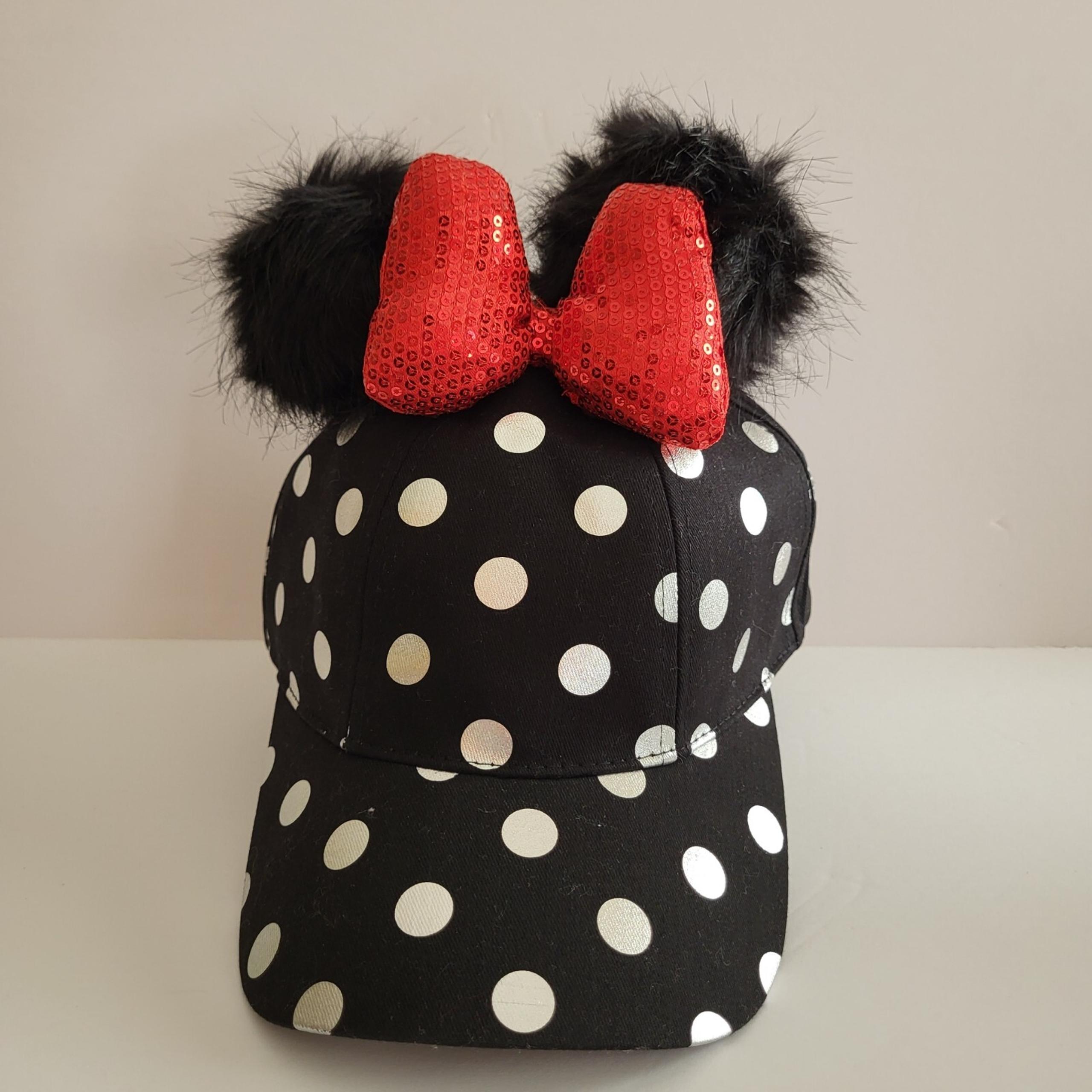 Disney Parks Minnie Mouse Cap Hat Pom Pom Ears & Bow Women's Ladies NWT Adj