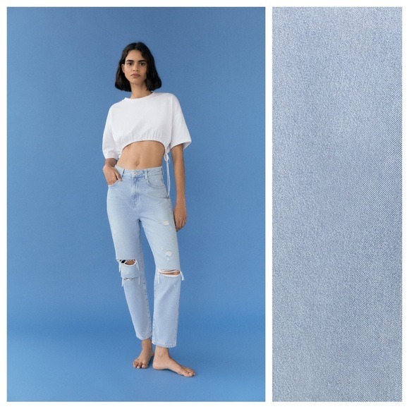 NWT. Zara Z1975 Blue Mom Fit Cropped Ripped Jeans. Size 12.