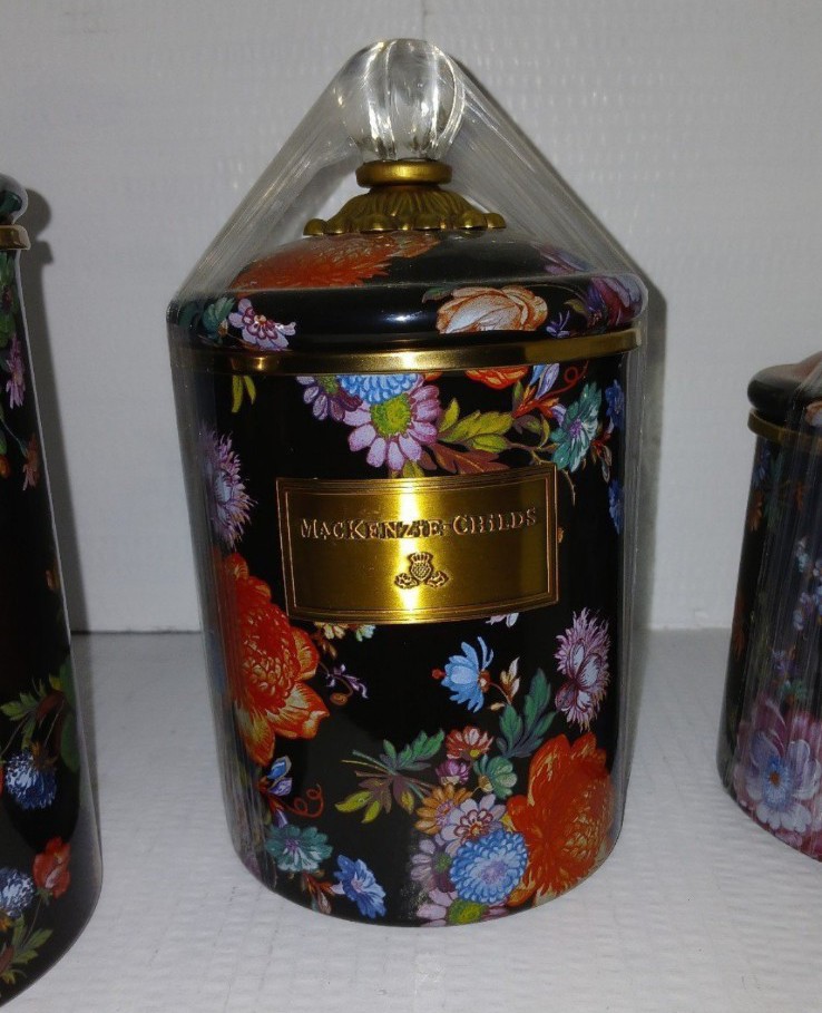 New Mackenzie-childs black flower market medium canister