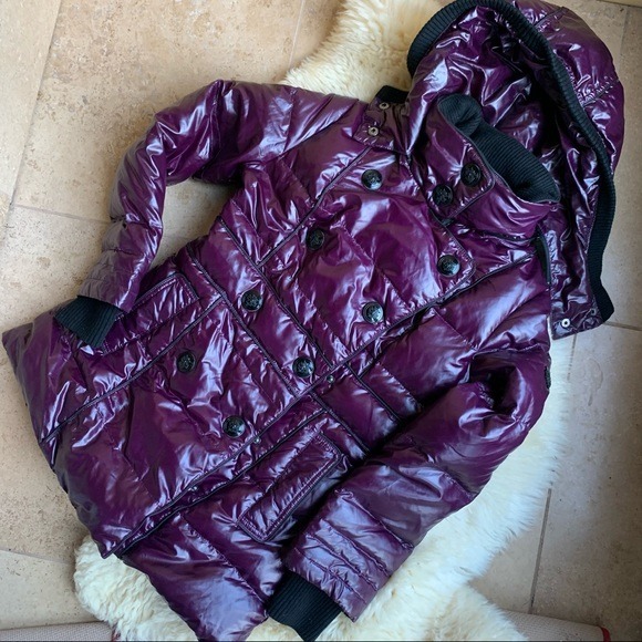 ONLY Down Purple Quilted Puffer Puffy Coat Peacoat Jacket Button Hooded XS