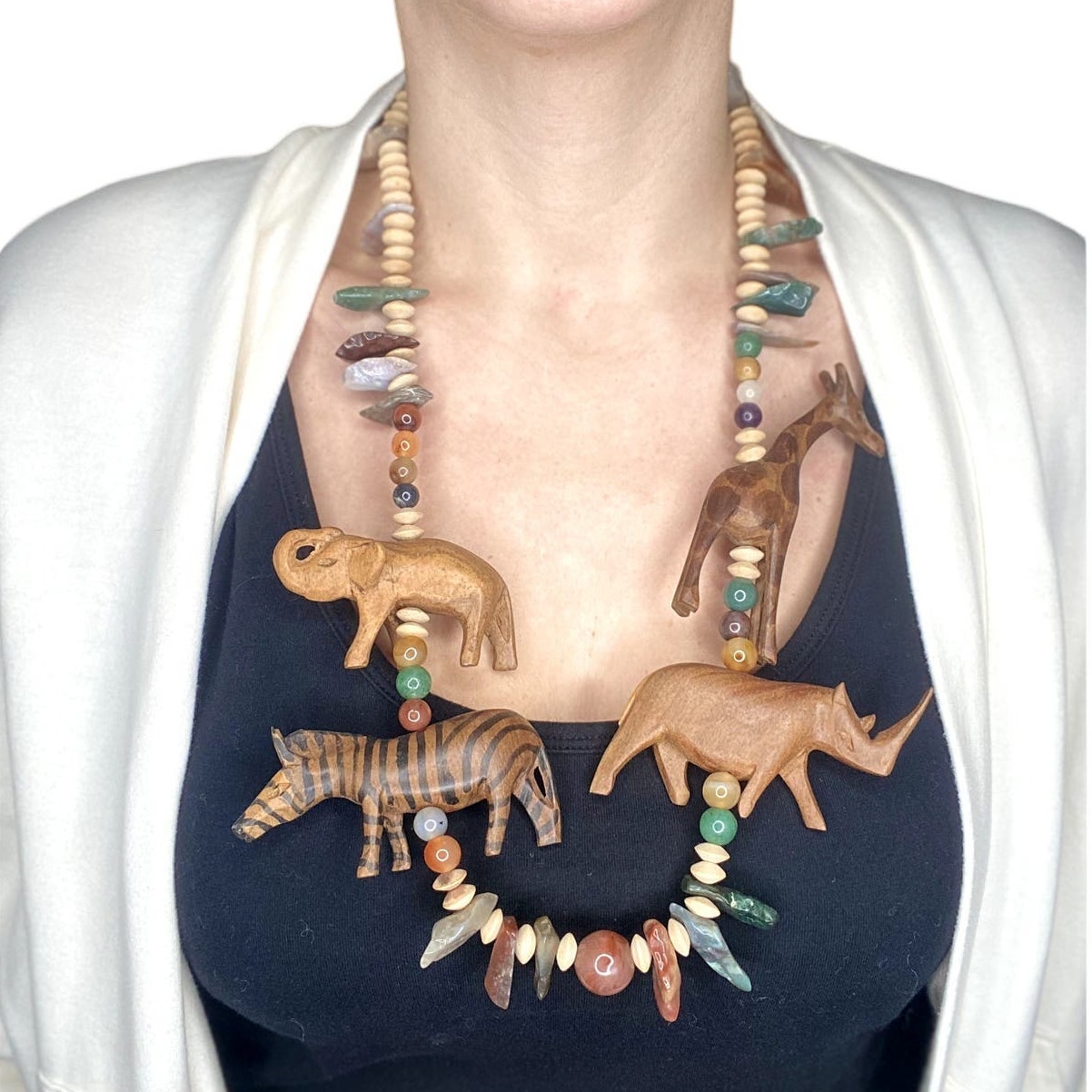 Vintage Natural Gemstone Necklace with Carved Wood Safari Elephant Giraffe Rhino